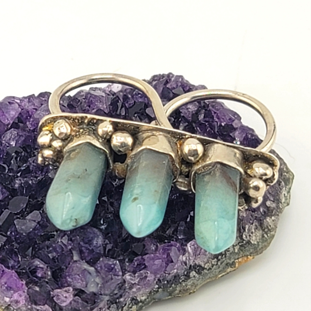 3 SPIKES AQUAMARINE DOUBLE RING BAND HANDMADE IN STERLING SILVER METAL 8.5 & 7.5 - Picture 5 of 11
